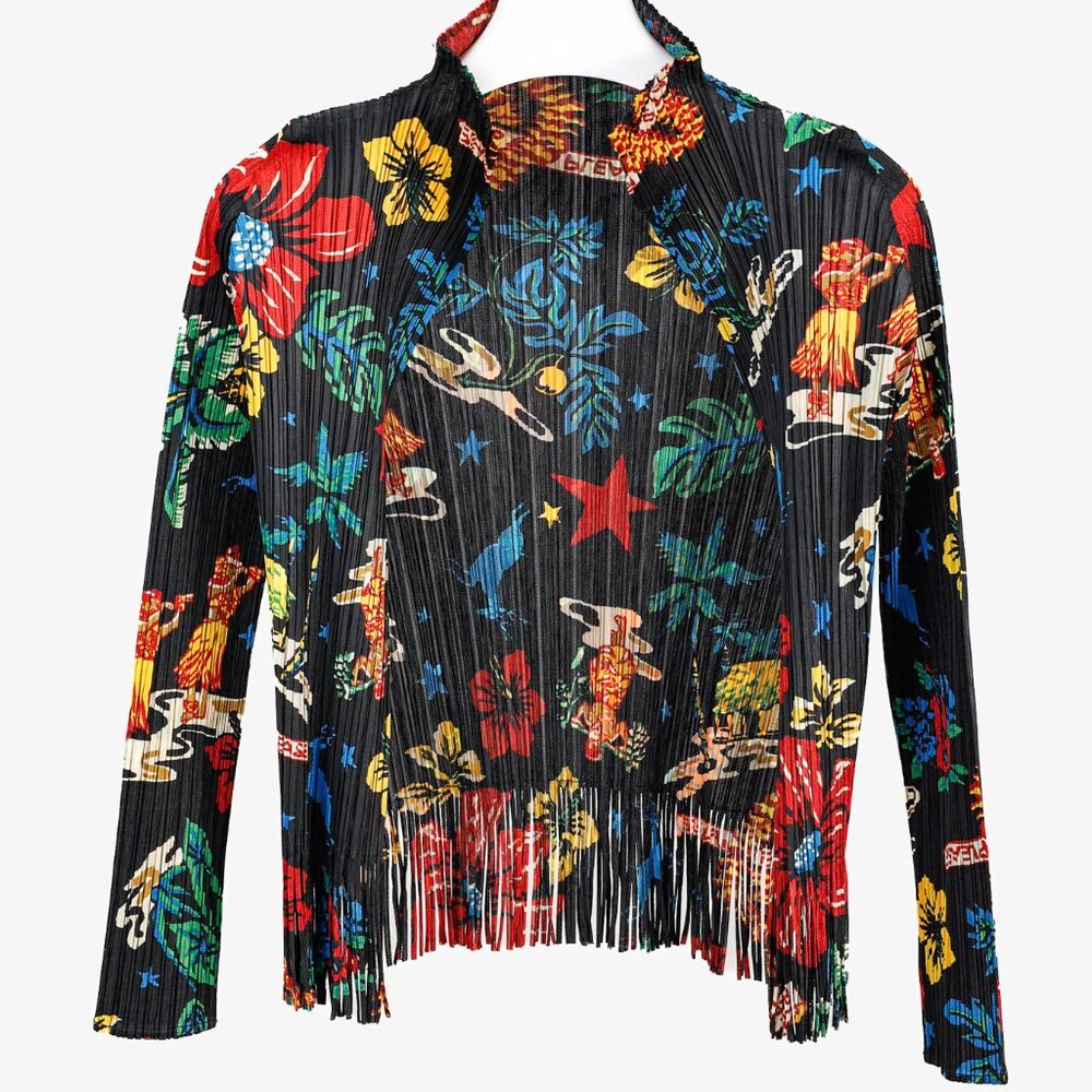 Pleats Please Issey Miyake Hawaii Motif Black Fringe-Hem Cardigan, Size XL